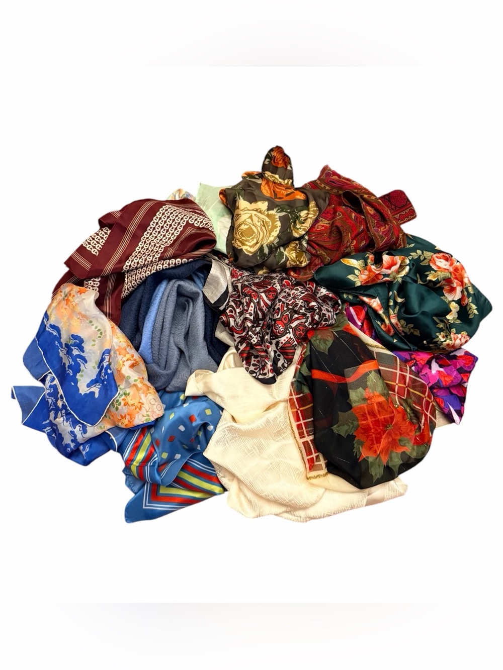 Bundle of 12 Vintage & Designer Scarves- Silk, Polyester, Cashmere etc.